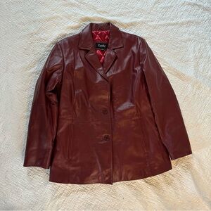 Vintage Dark Cherry Red Genuine Leather Coat Y2K Old Money Whimsygoth Academia